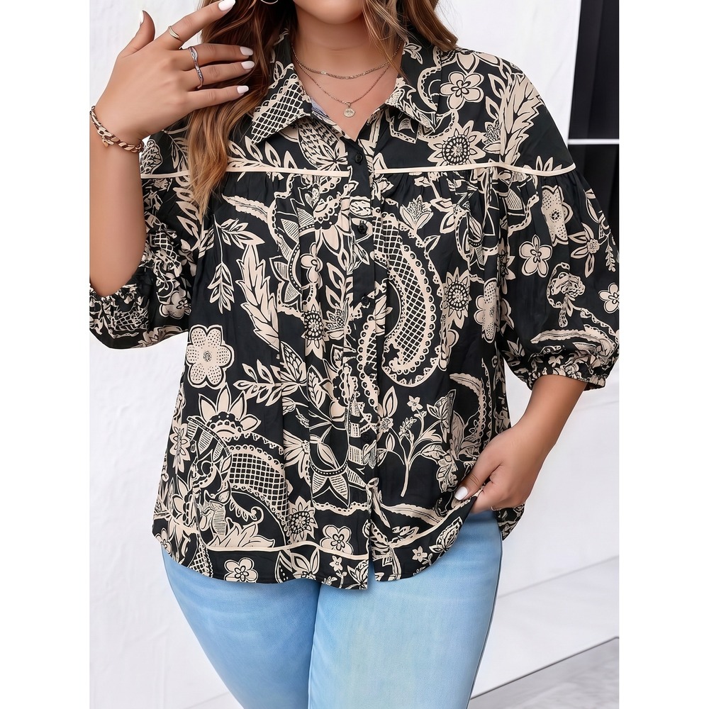 Chic Soul Button‎ Up Top Women 1X Black Floral Paisley Puff Sleeve Cotton Blouse